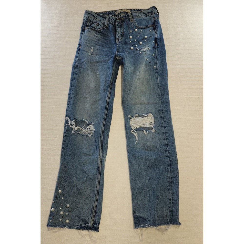 Zara‎ Basic Z1975 Distressed Pearl Embellished Straight Leg Jeans Blue Womens 00 - Picture 2 of 11